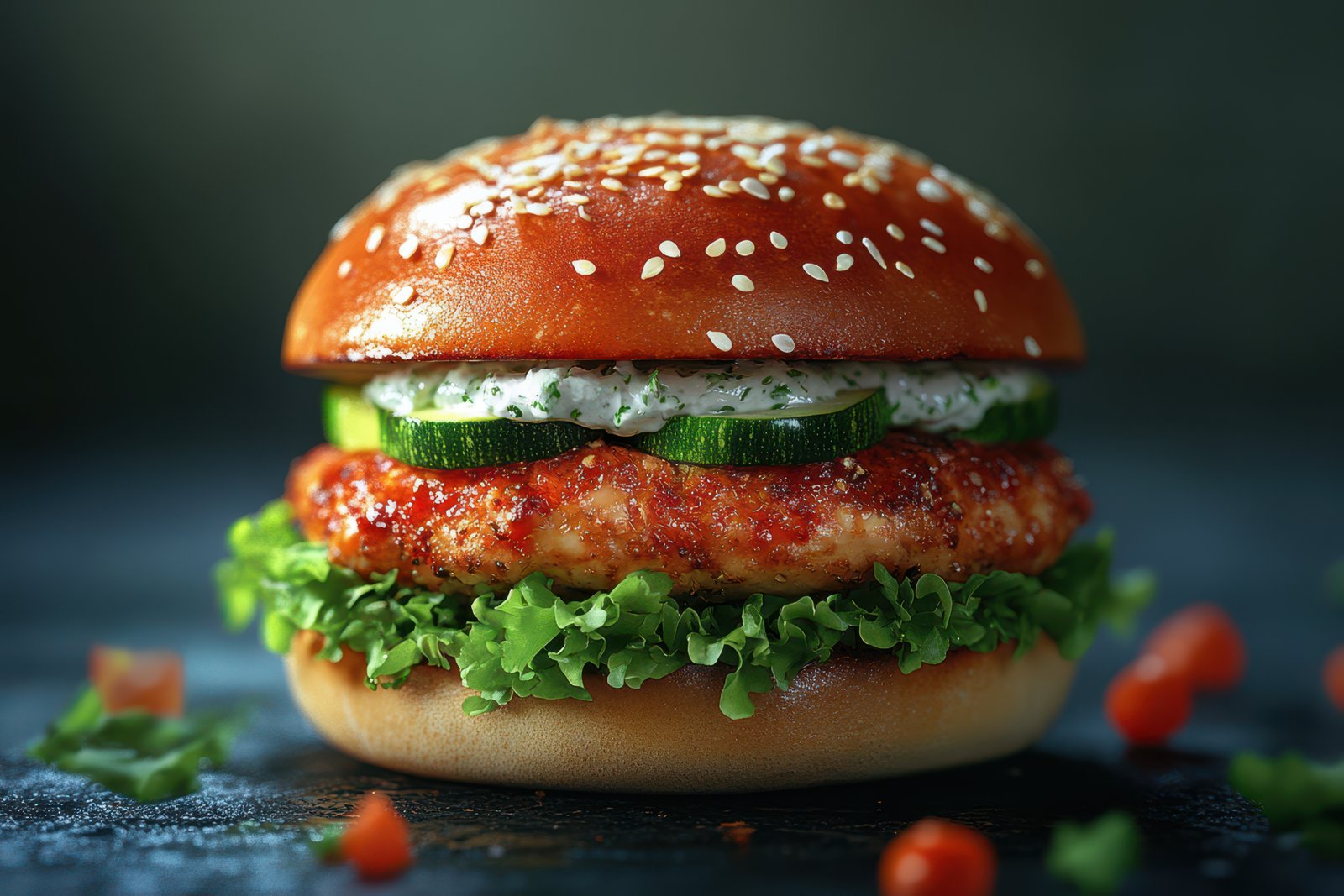 A delicious burger with a sesame seed bun, a juicy patty, cucumbers, lettuce, and a creamy spread